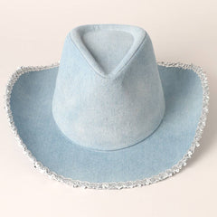 Denim Cowboy Hat with Sequin Trim – Western Style Cowgirl Hat