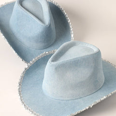 Denim Cowboy Hat with Sequin Trim – Western Style Cowgirl Hat