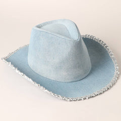 Denim Cowboy Hat with Sequin Trim – Western Style Cowgirl Hat