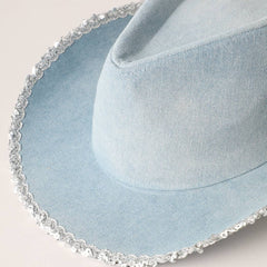 Denim Cowboy Hat with Sequin Trim – Western Style Cowgirl Hat