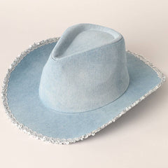 Denim Cowboy Hat with Sequin Trim – Western Style Cowgirl Hat