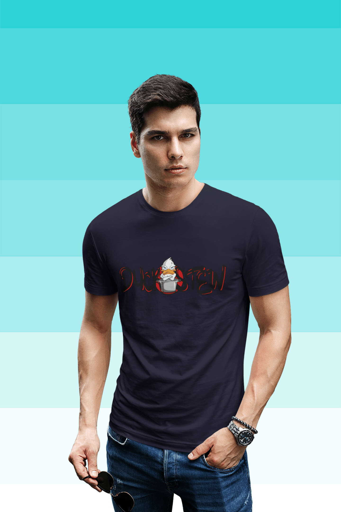 Black T shirt with duckstew in front
