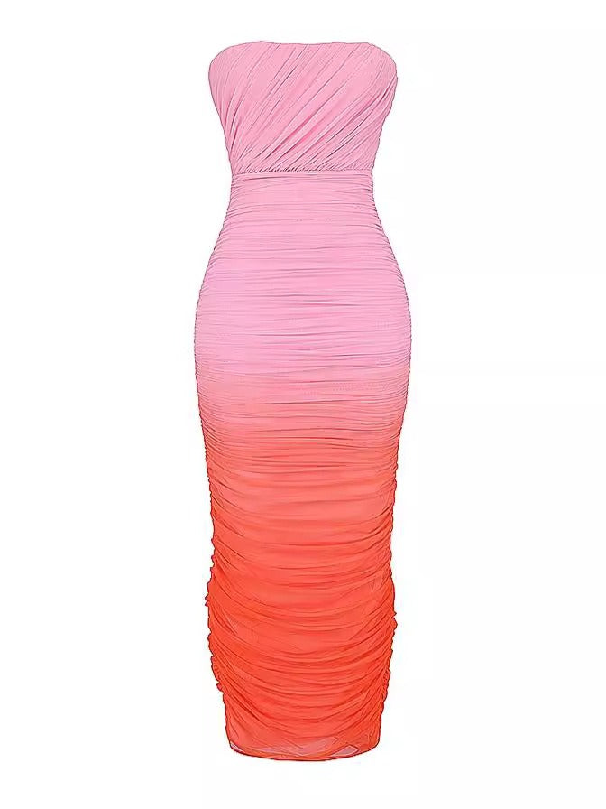 Mesh Gradient Strapless Romantic Dinner Date Wedding Occasion and Event Mid length Dress