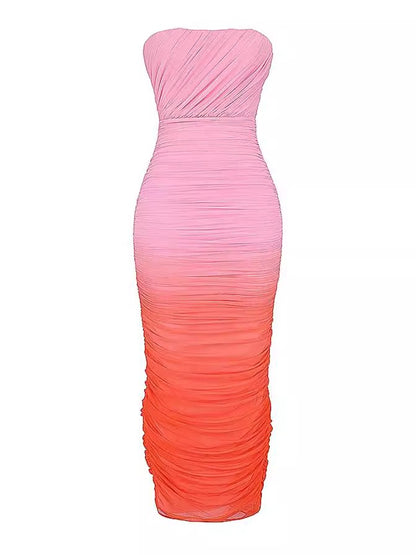 Mesh Gradient Strapless Romantic Dinner Date Wedding Occasion and Event Mid length Dress