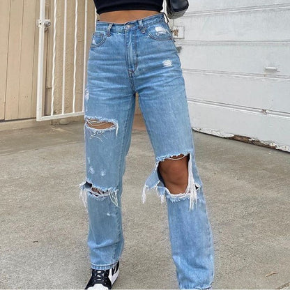 High Waist Straight Women's Ripped Jeans