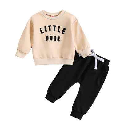 Children's round neck letter printed top solid color pants two-piece set multi-color design