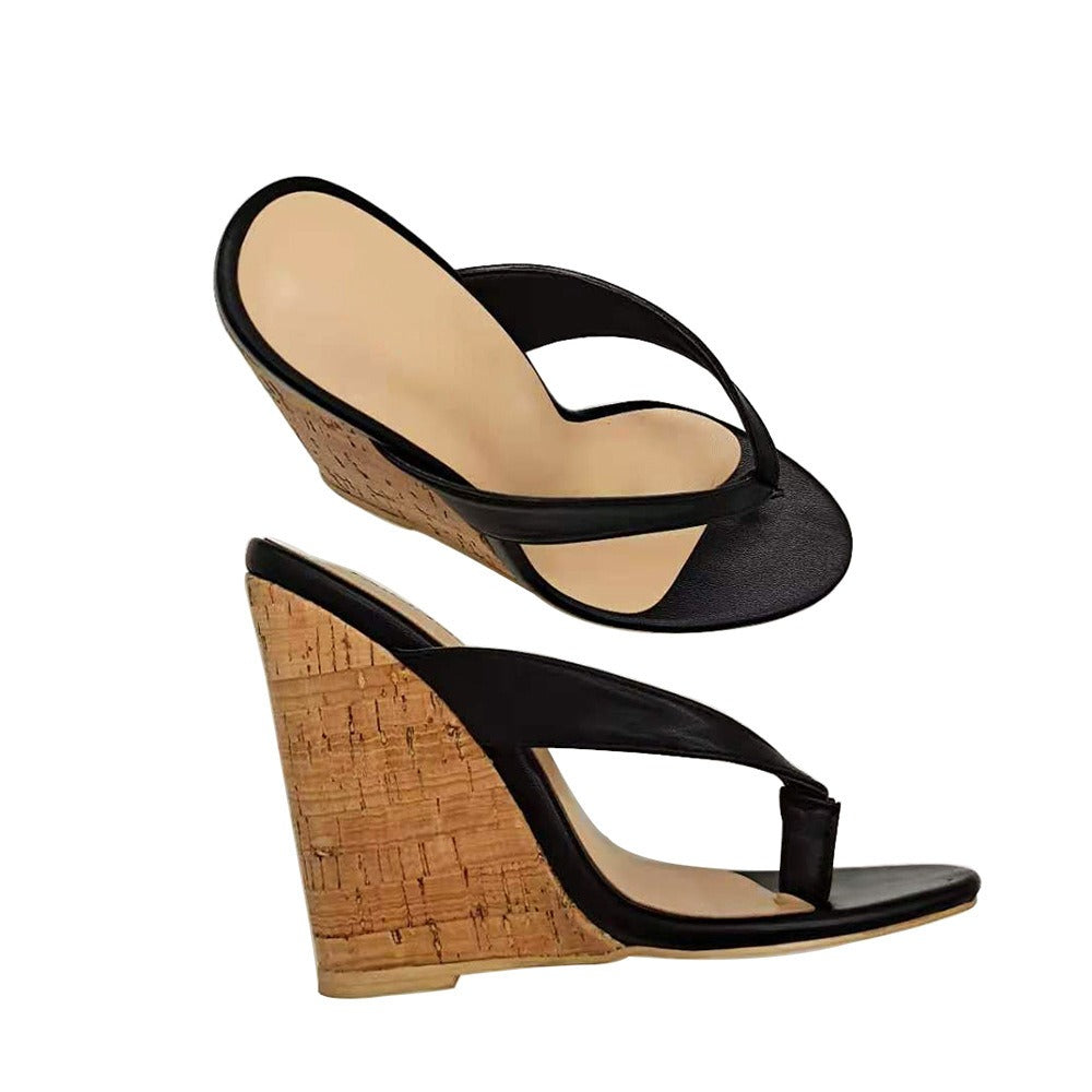 European and American Womens Oversized Wedged Sloping Heel Sandals With Wooden Grain Wrap Heels And Round Toe High Heels