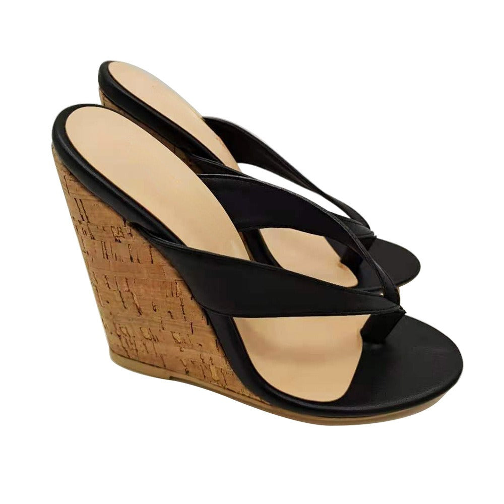 European and American Womens Oversized Wedged Sloping Heel Sandals With Wooden Grain Wrap Heels And Round Toe High Heels