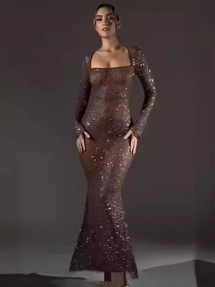 Gorgeous party fishtail dress, European and American autumn new sexy slim fit long sleeved hot diamond dress