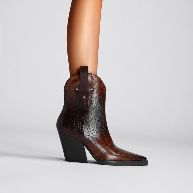 Pointed thick heeled sloping western short boots