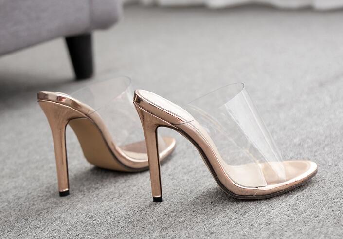 PVC Champagne Slippers Open Toed Sexy Thin Heels Women Transparent Heel Sandals Slides Pumps