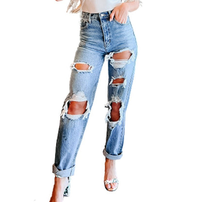 Women's Jeans Blue Hight Waist Ripped Streetwear Fashion Casual Straight Denim Trousers