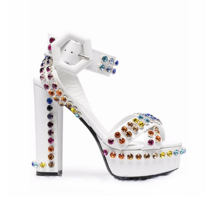 Women Crystal-embellished Platform Sandals Sexy Peep Toe Chunky Heels