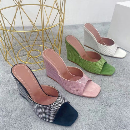 Summer Women Crystal-embellished Sandals Sexy Peep Toe Wedge Heels Mules Slip-on High Heels Slippers Ladies Bling Party Shoes