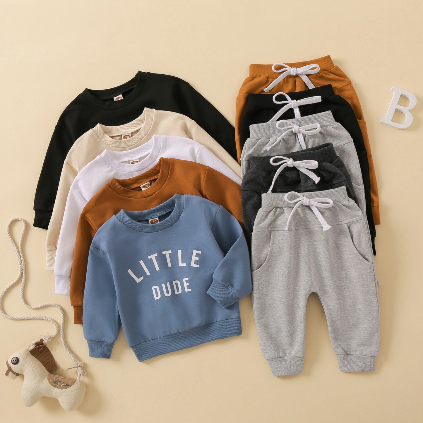 Children's round neck letter printed top solid color pants two-piece set multi-color design