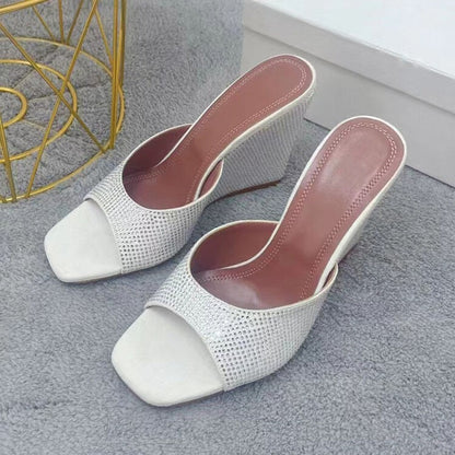 Summer Women Crystal-embellished Sandals Sexy Peep Toe Wedge Heels Mules Slip-on High Heels Slippers Ladies Bling Party Shoes