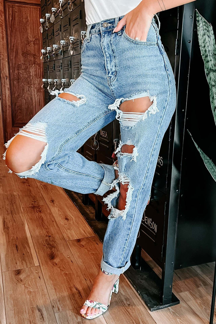 Women's Jeans Blue Hight Waist Ripped Streetwear Fashion Casual Straight Denim Trousers