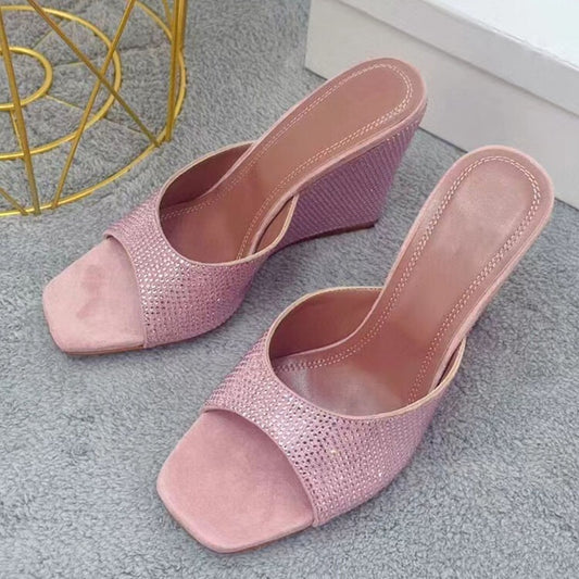 Summer Women Crystal-embellished Sandals Sexy Peep Toe Wedge Heels Mules Slip-on High Heels Slippers Ladies Bling Party Shoes