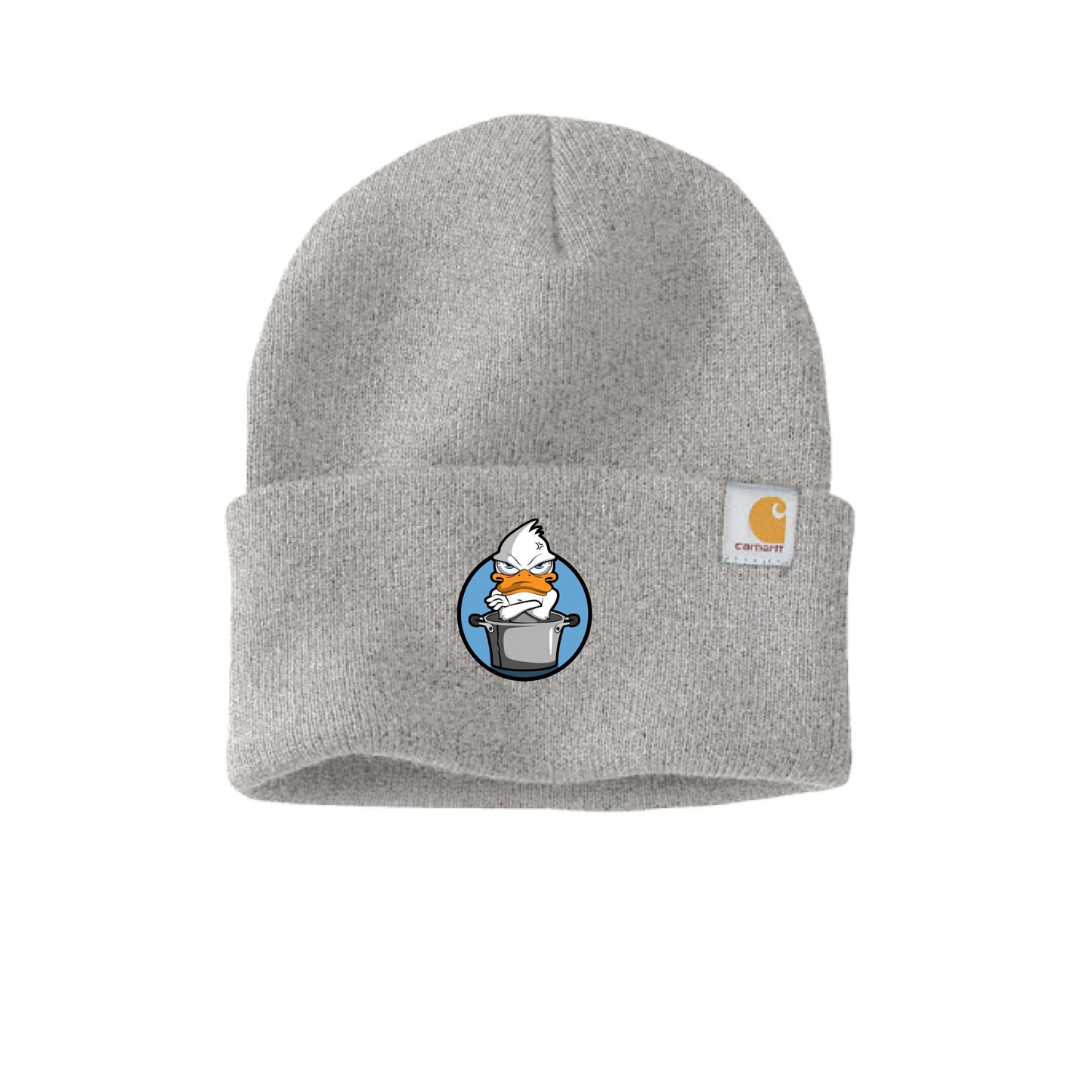 Blue duck beanie featuring a playful duck graphic on a grey knit cap from Carhartt.