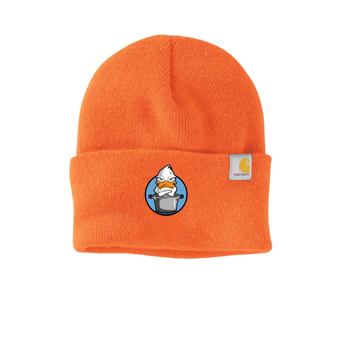 Blue duck beanie featuring an orange rib knit design with a playful duck logo.