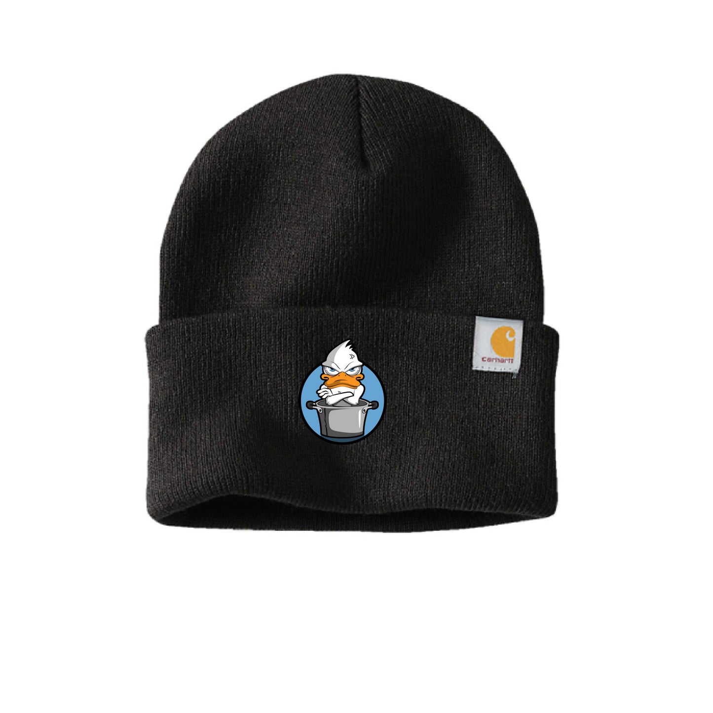 Blue duck beanie featuring a fun duck motif on a classic black rib knit design by Carhartt.
