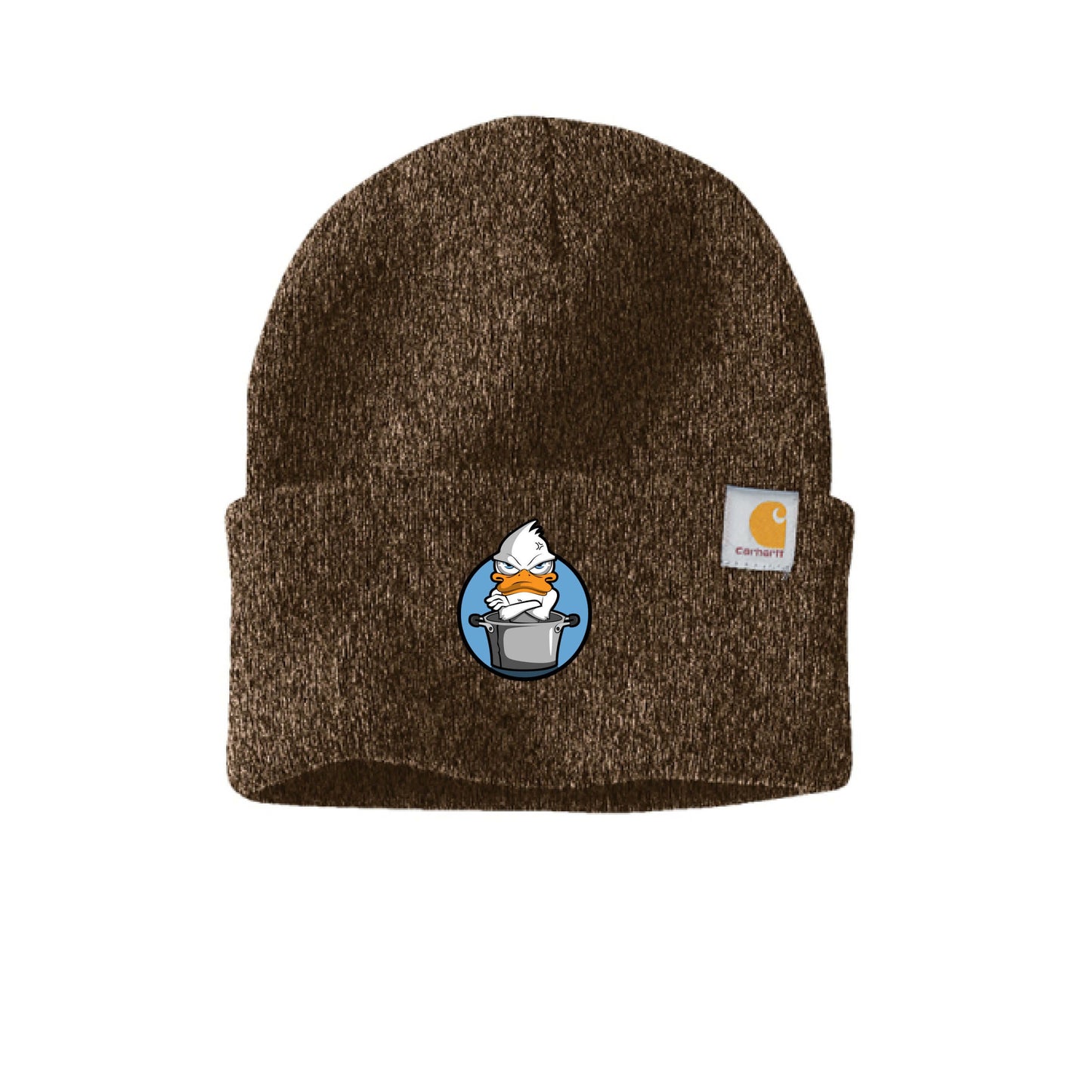 Blue duck beanie featuring a playful duck design on a classic rib knit Carhartt cap.