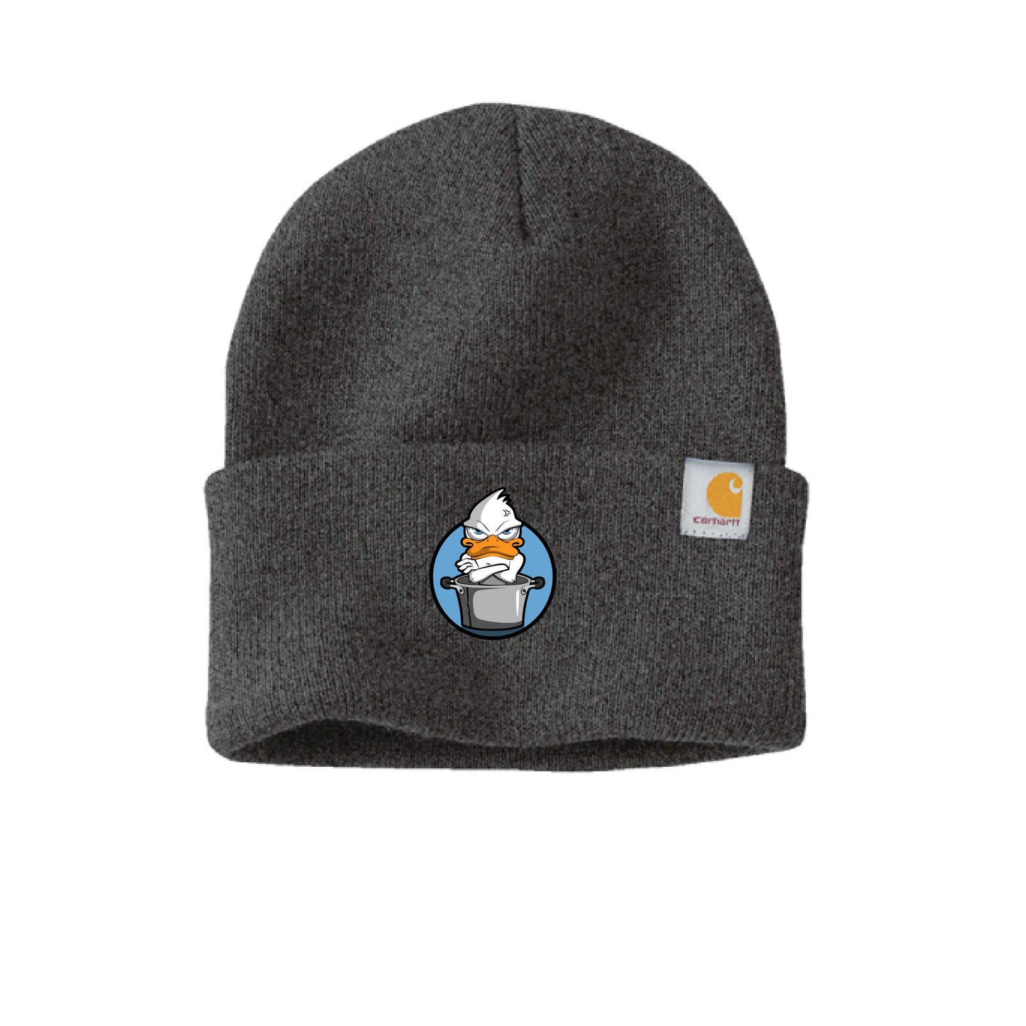 Blue duck beanie featuring a playful duck logo on a gray rib knit hat by Carhartt.