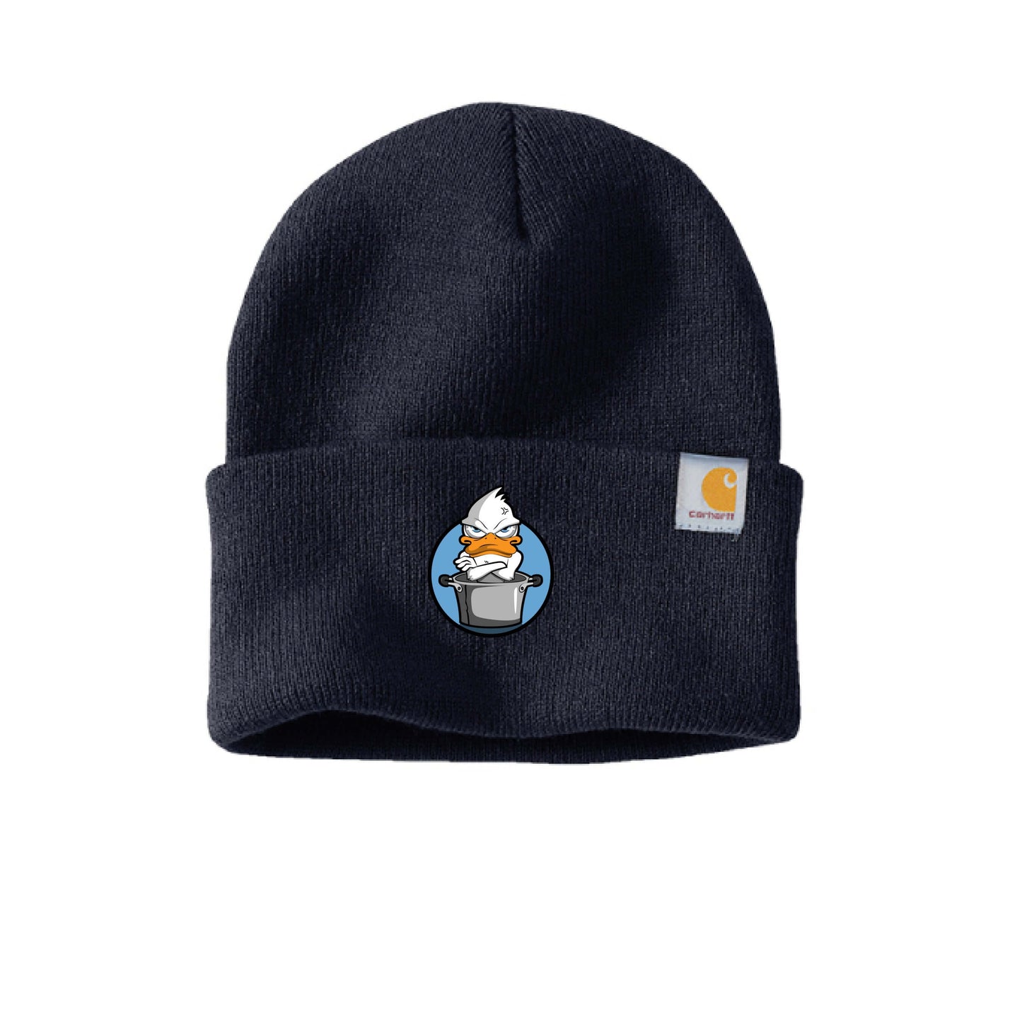 Blue duck beanie by Carhartt, featuring a fun blue duck motif on a classic rib knit design.
