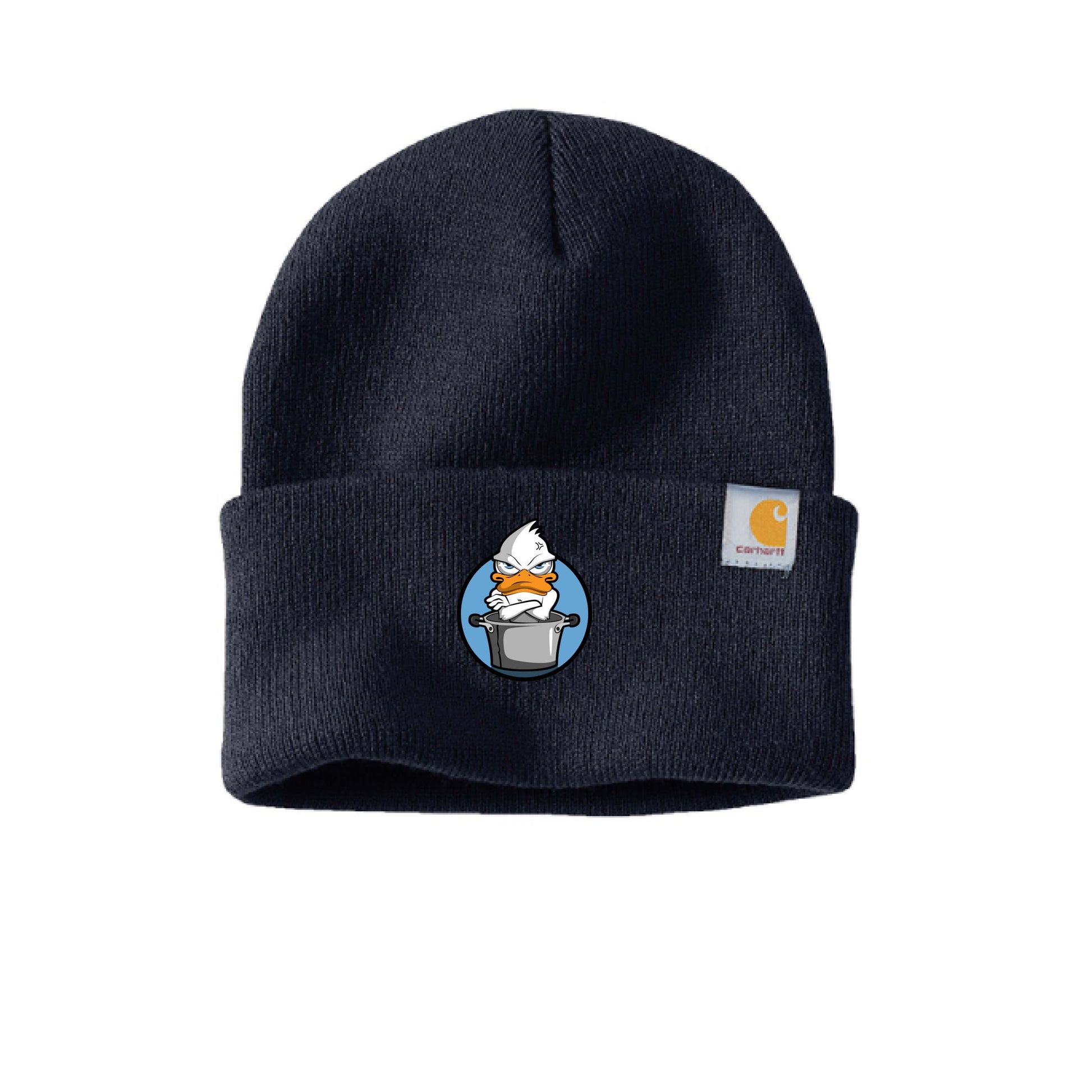 Blue duck beanie by Carhartt, featuring a fun blue duck motif on a classic rib knit design.