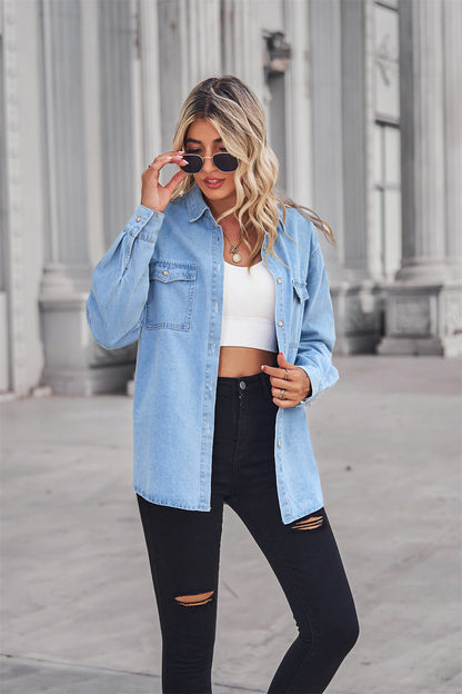 Collared Neck Dropped Shoulder Denim Top